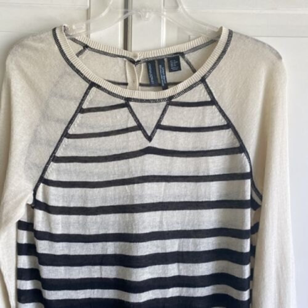 Cynthia Rowley Women’s Sz M Linen‎ Blend Pullover Sweater Cream Black Stripe
